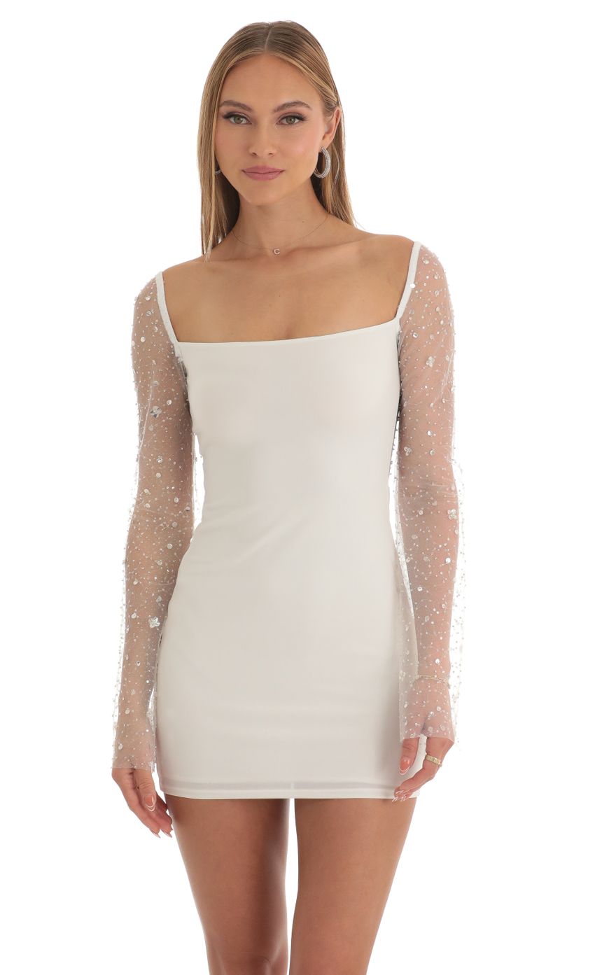 Picture Pauline Sequin Long Sleeve Dress in White. Source: https://media.lucyinthesky.com/data/Mar23/850xAUTO/dabc4bfd-60ff-484e-8de8-68d215777ed4.jpg