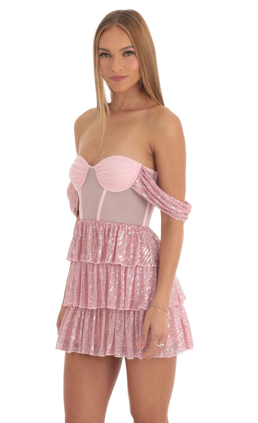 Picture Amarea Sequin Corset Dress in Pink. Source: https://media.lucyinthesky.com/data/Mar23/850xAUTO/dbc6514f-f9ad-4e51-b66f-2c8a71815cb5.jpg