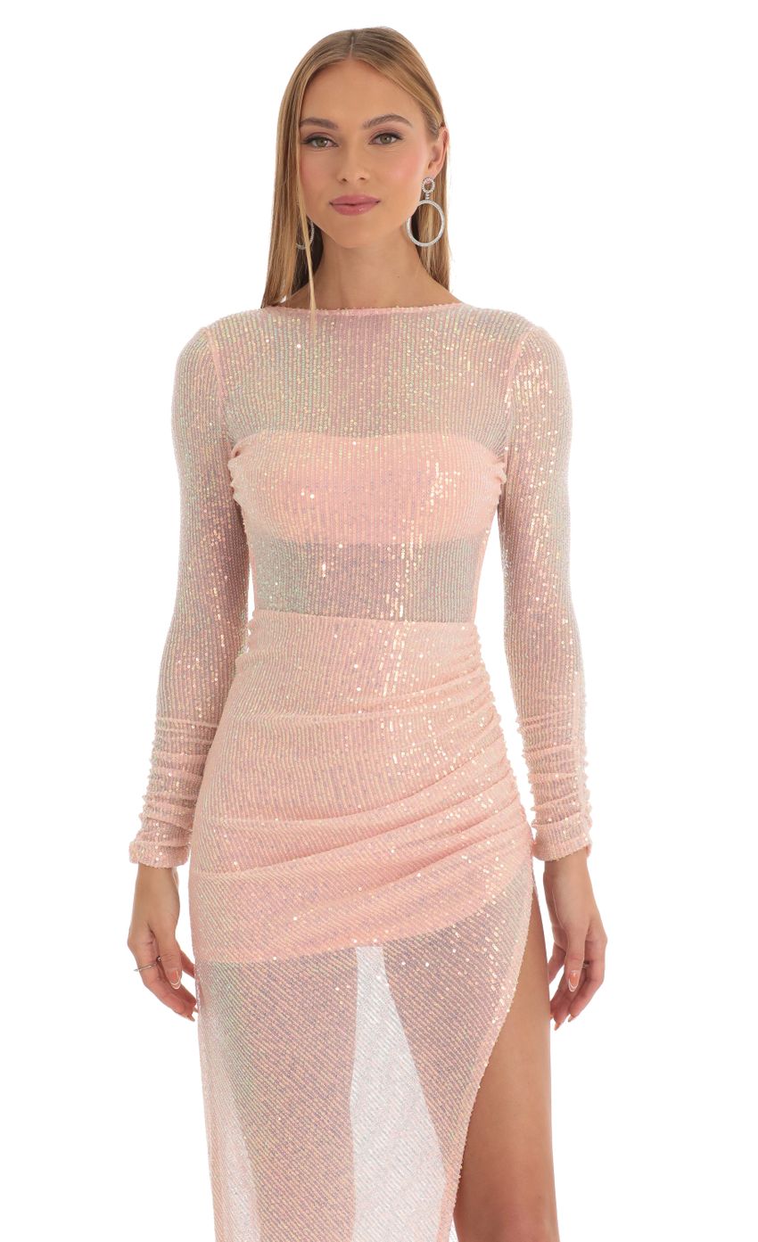 Picture Chessa Sequin Open Back Maxi Dress in Pink. Source: https://media.lucyinthesky.com/data/Mar23/850xAUTO/e0c11fda-fc6d-47b6-bec1-2c7620a2bb25.jpg
