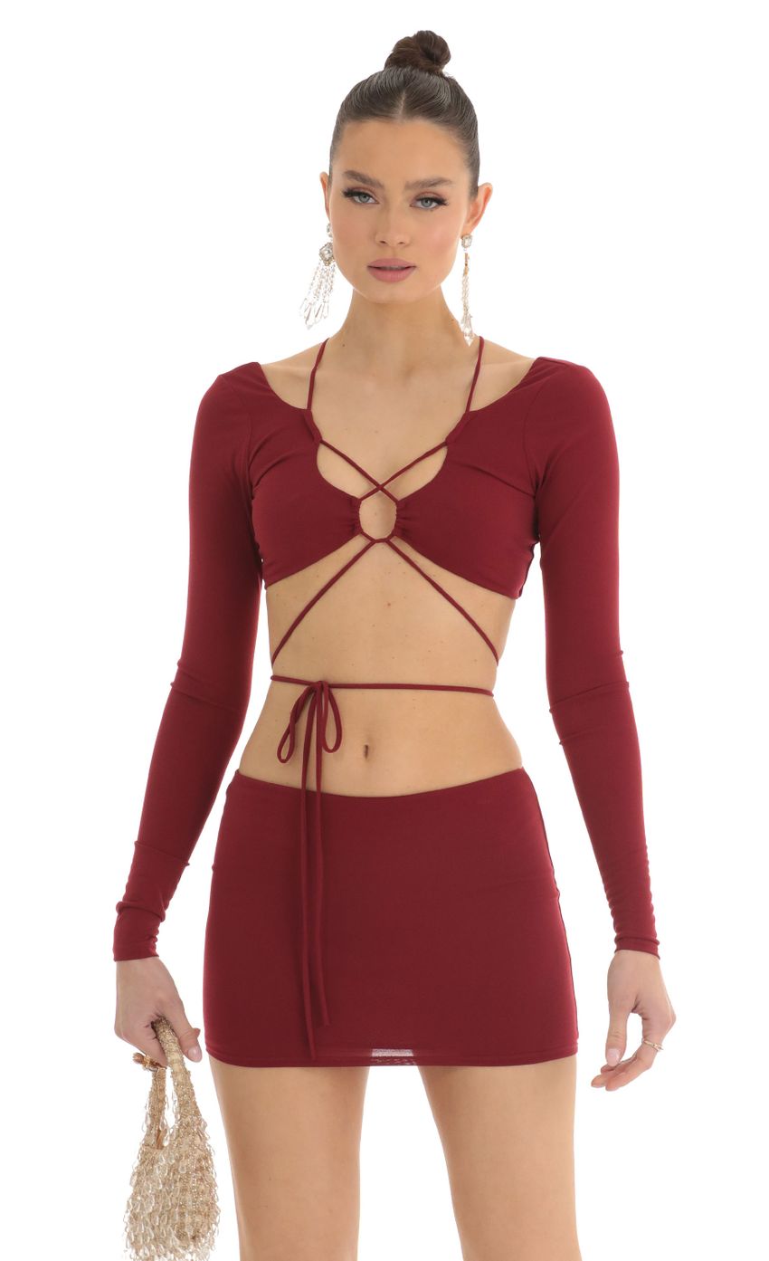 Picture Tabitha Cutout Two Piece Skirt Set in Red. Source: https://media.lucyinthesky.com/data/Mar23/850xAUTO/e140e470-274d-40f2-a53b-3f3b46252e4c.jpg