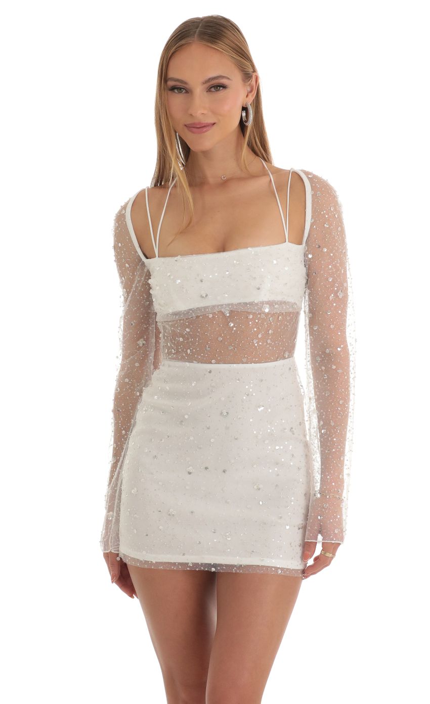 Picture Alliana Sequin Long Sleeve Dress in White. Source: https://media.lucyinthesky.com/data/Mar23/850xAUTO/e563774f-35ab-4ff2-b7fc-85ce52d27574.jpg