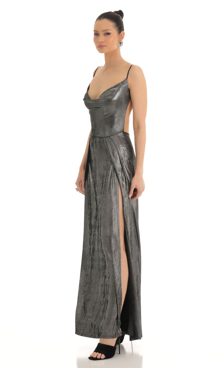 Picture Dion Metallic Maxi Dress in Silver. Source: https://media.lucyinthesky.com/data/Mar23/850xAUTO/ff305bba-491d-4d7b-b923-f8c86317bc22.jpg