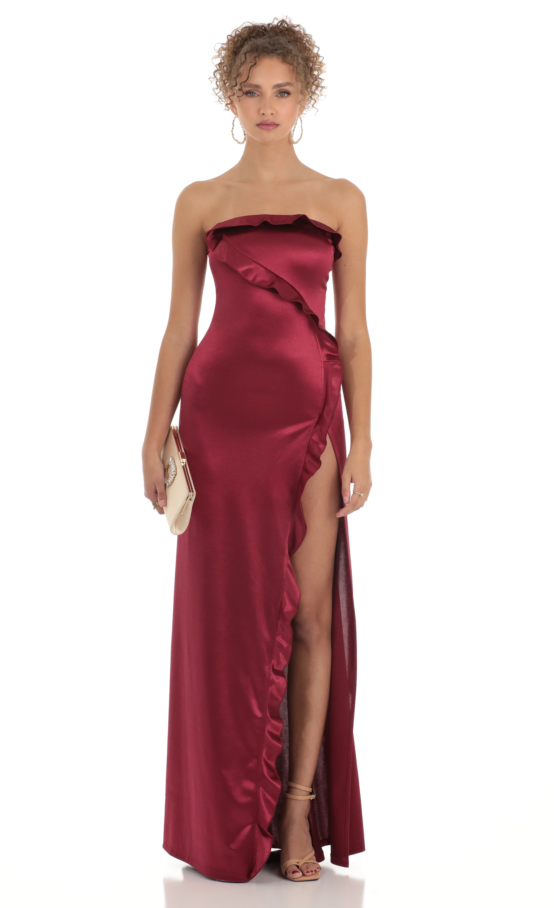 Annabel Satin Strapless Maxi Dress in Red
