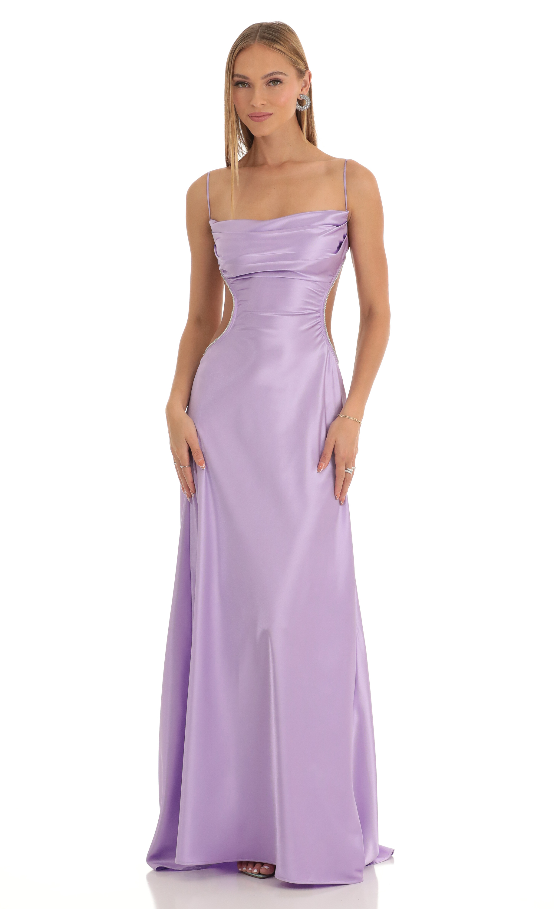 Calissa Satin Rhinestone Maxi Dress in Purple