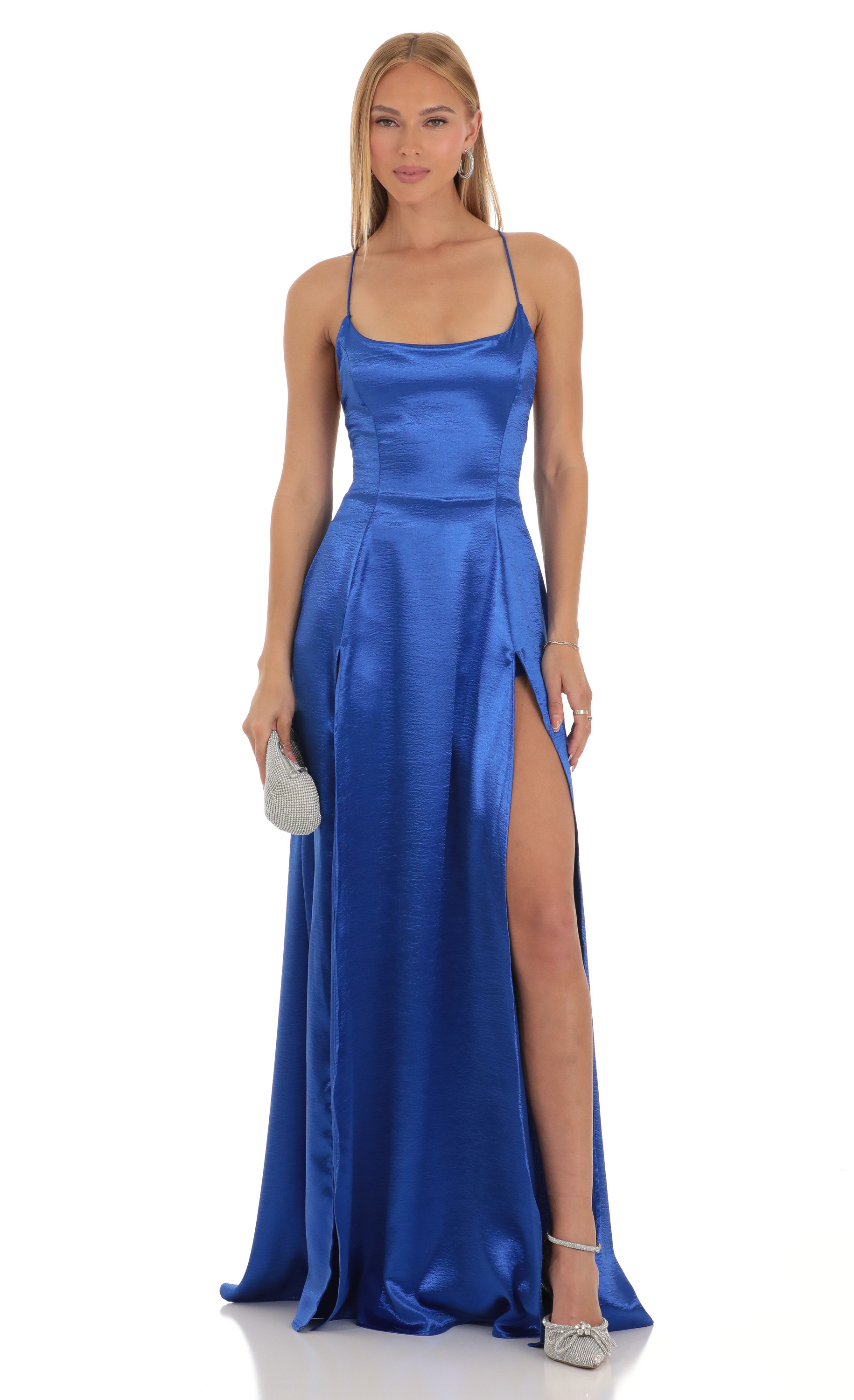 Caitlin Satin Slit Maxi Dress in Blue