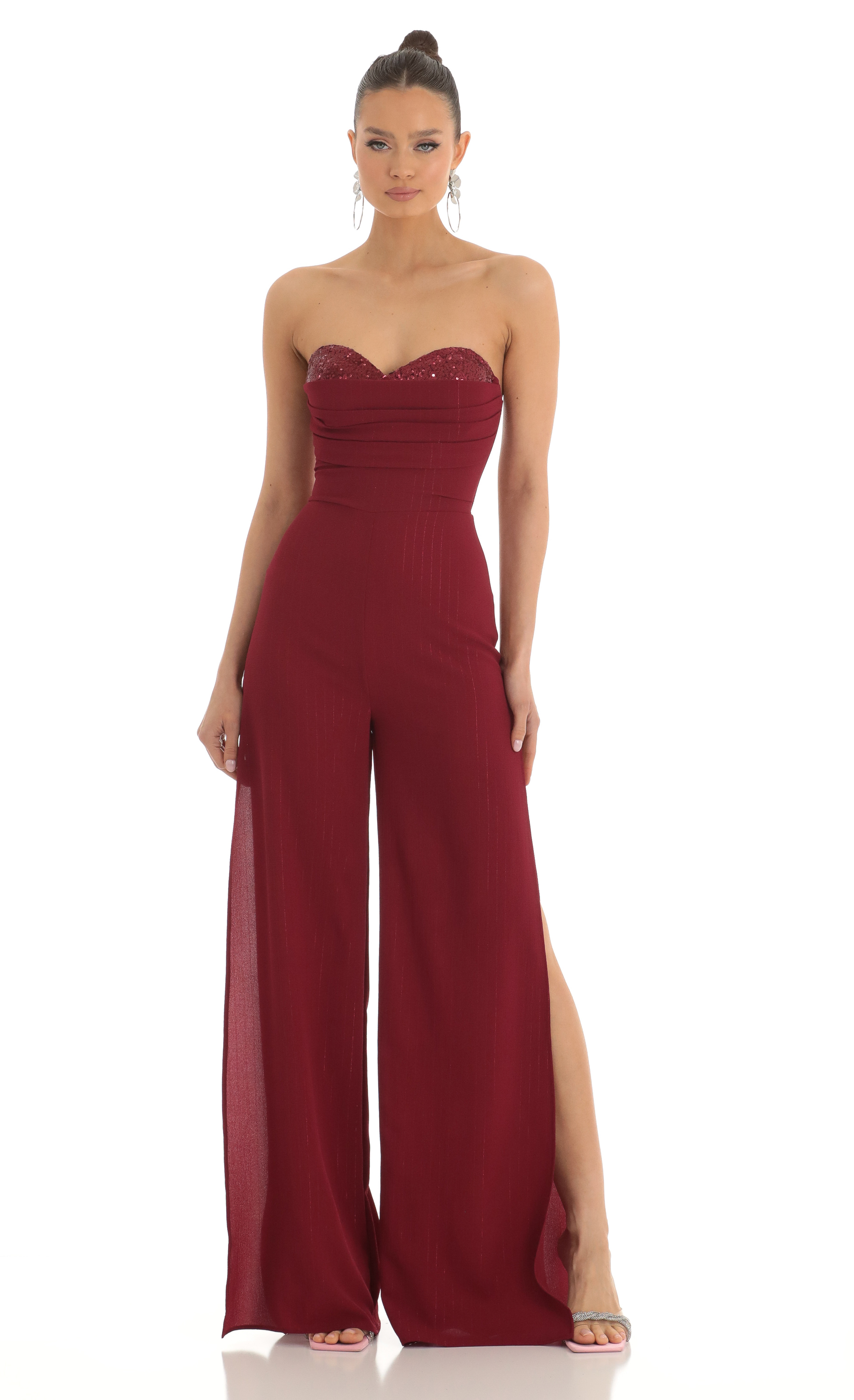 Gaga Sequin Bust Crepe Jumpsuit in Red