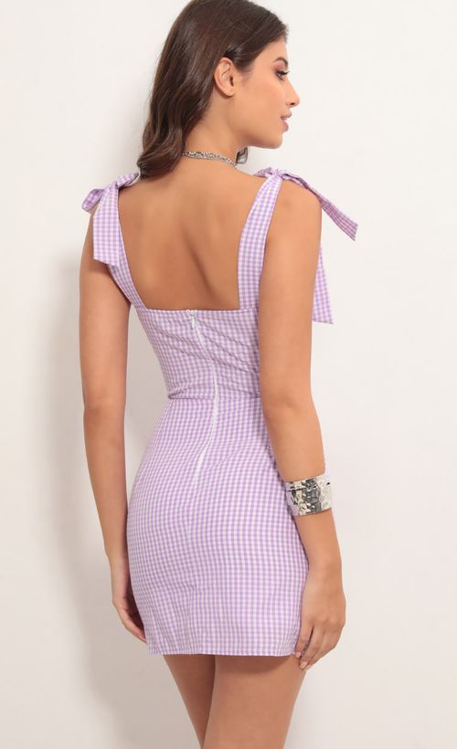 Picture Gingham Love Ties Mini Dress in Lavender. Source: https://media.lucyinthesky.com/data/May19_1/500xAUTO/781A5493.JPG