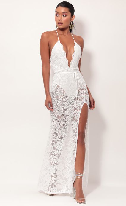 daniela silver lace plunge maxi in grey