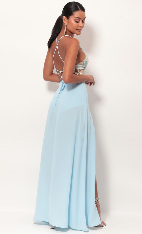Picture Loveable Gold Lace Maxi Dress in Sky Blue. Source: https://media.lucyinthesky.com/data/May19_2/500xAUTO/781A1737.JPG