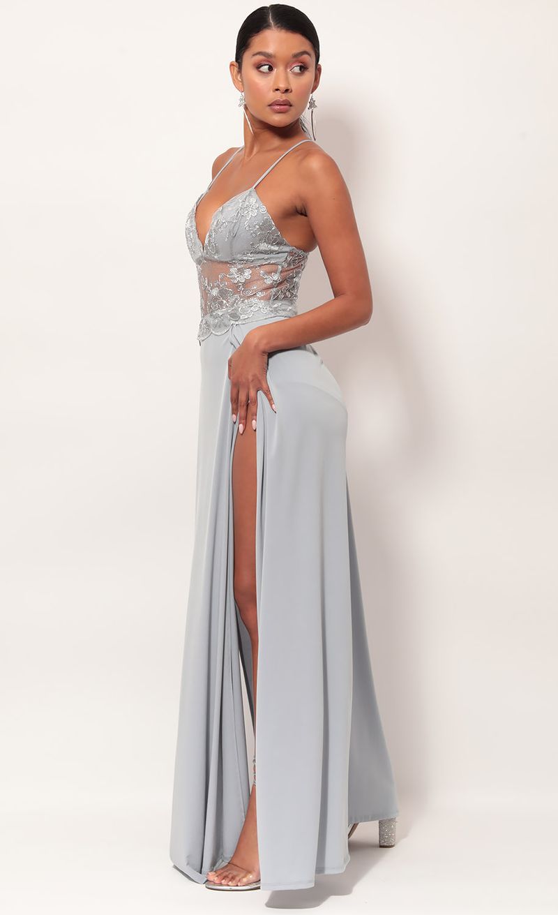 loveable gold lace maxi dress in grey