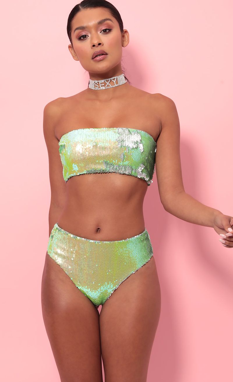 Picture Party Sequin Swim Set in Lime Green. Source: https://media.lucyinthesky.com/data/May19_2/800xAUTO/781A0760.JPG