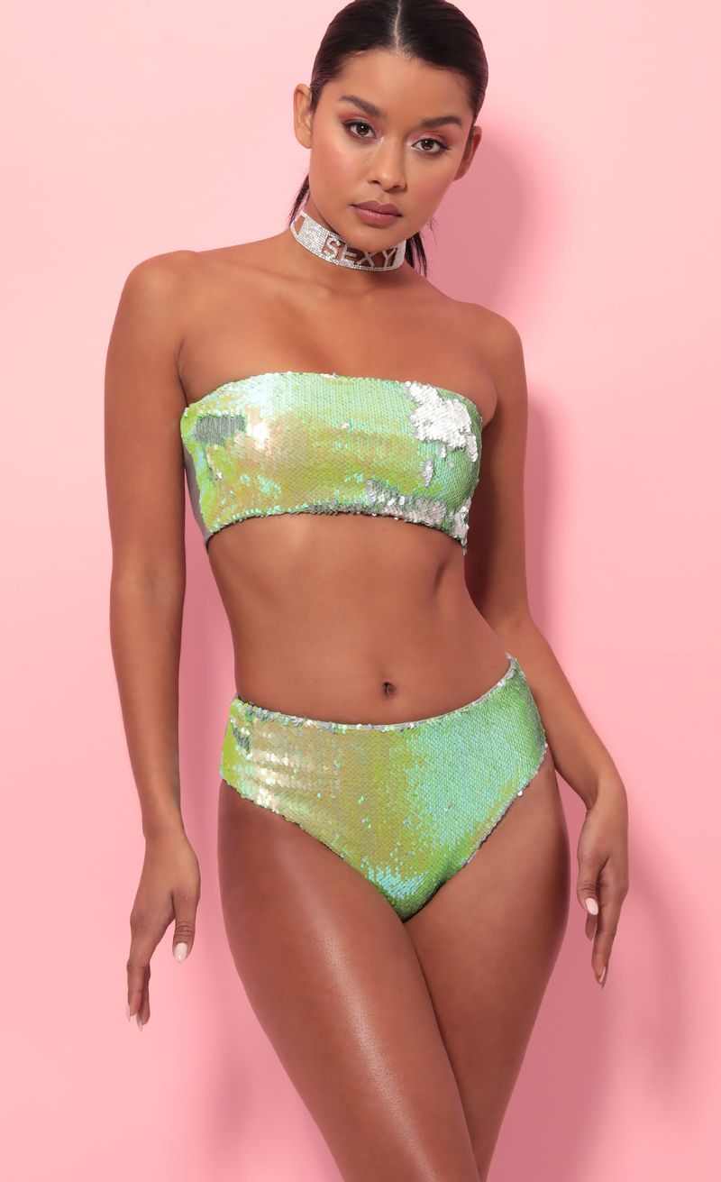 Picture Party Sequin Swim Set in Lime Green. Source: https://media.lucyinthesky.com/data/May19_2/800xAUTO/781A0763.JPG