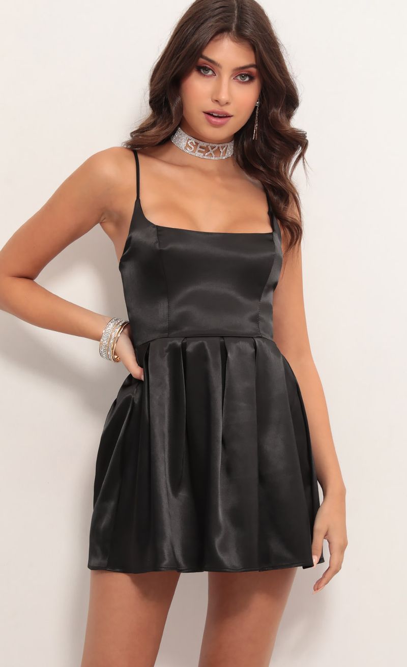 Angeli Pleated Satin Dress in Black | Lucy in the Sky