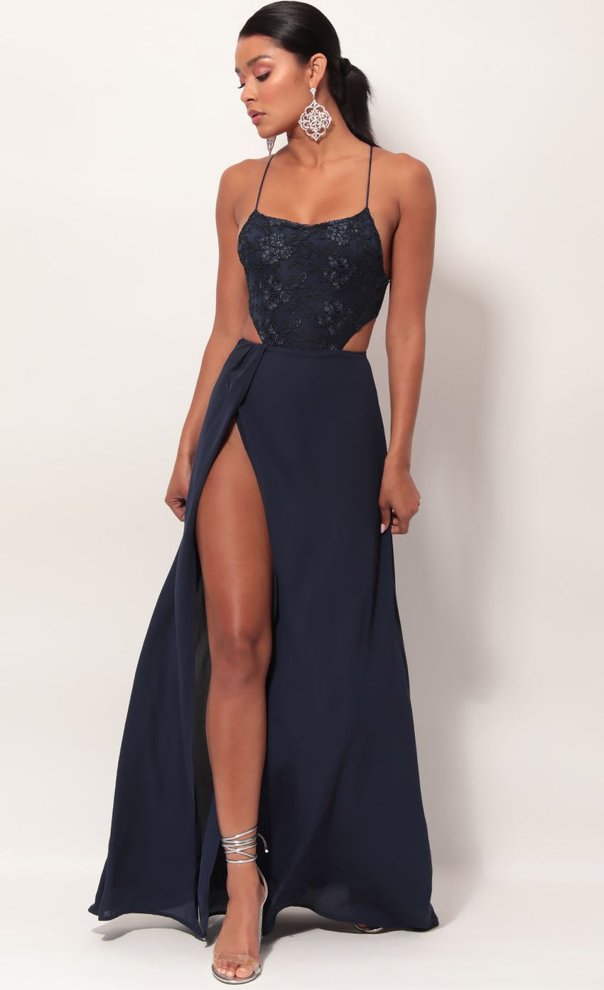 Picture Paris Floral Embroidered Maxi Dress in Navy. Source: https://media.lucyinthesky.com/data/May19_2/850xAUTO/781A1658.JPG