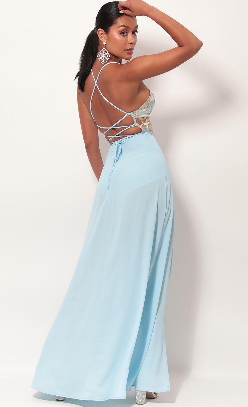 Picture Loveable Gold Lace Maxi Dress in Sky Blue. Source: https://media.lucyinthesky.com/data/May19_2/850xAUTO/781A1742.JPG