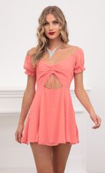 Picture Aida Puff Chiffon Dress in Coral Dots. Source: https://media.lucyinthesky.com/data/May20_2/150xAUTO/781A4303.JPG