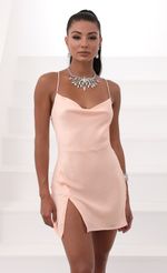 Picture Willow Satin Slit Cowl Dress in Pink. Source: https://media.lucyinthesky.com/data/May20_2/150xAUTO/781A6904.JPG