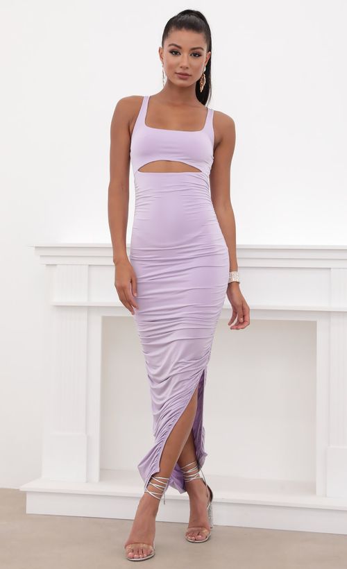 Picture Adriana Ruched Cutout Maxi in Lilac. Source: https://media.lucyinthesky.com/data/May20_2/500xAUTO/781A1422.JPG