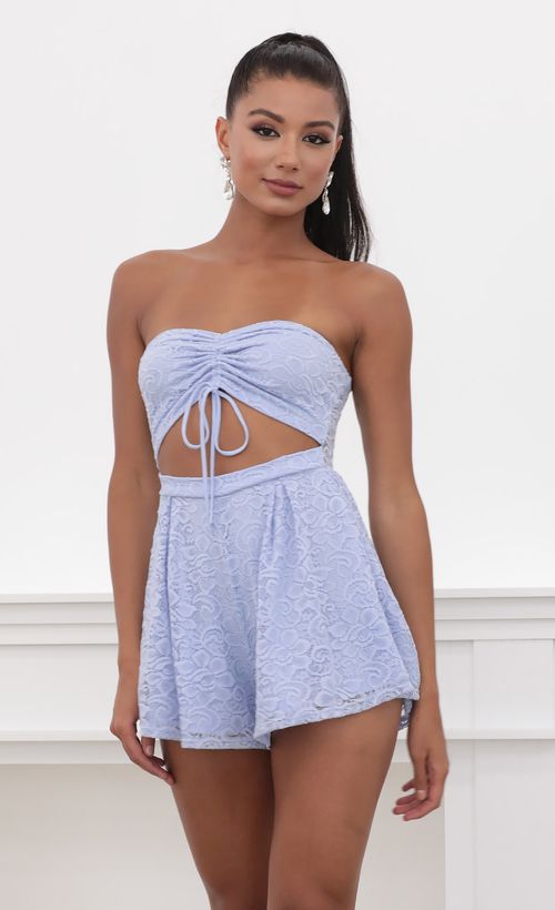 Picture Hailee Dainty Lace Romper in Blue Violet. Source: https://media.lucyinthesky.com/data/May20_2/500xAUTO/781A3067.JPG