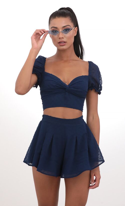 Picture Genevieve Puff Sleeve Chiffon Set in Navy Dots. Source: https://media.lucyinthesky.com/data/May20_2/500xAUTO/781A3847.JPG