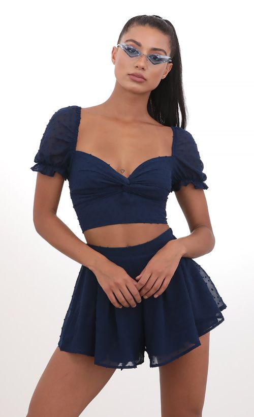 Picture Genevieve Puff Sleeve Chiffon Set in Navy Dots. Source: https://media.lucyinthesky.com/data/May20_2/500xAUTO/781A3862.JPG