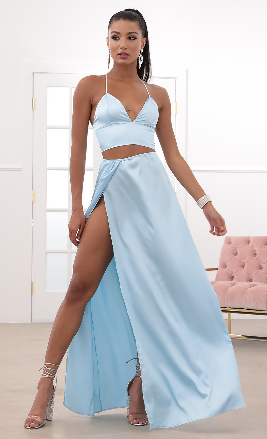 Madeline Satin Maxi Set in Baby Blue