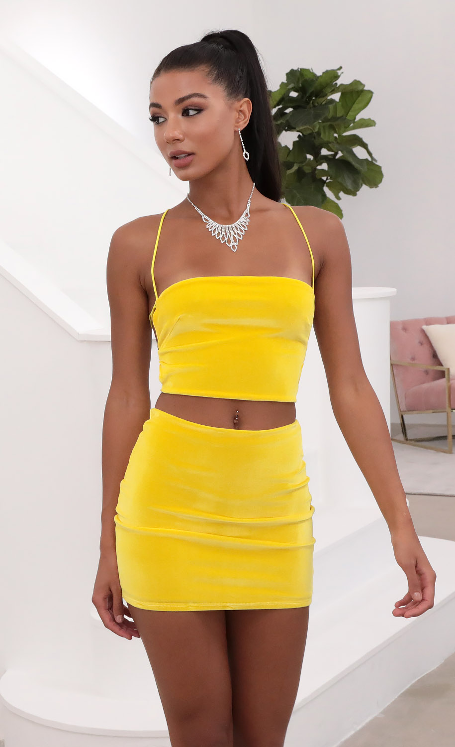 Ava Crushed Velvet Lace-Up Set In Yellow