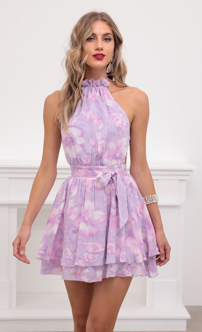 Picture Brielle Floral Halter Dress in Lilac. Source: https://media.lucyinthesky.com/data/May20_2/800xAUTO/781A1115.JPG