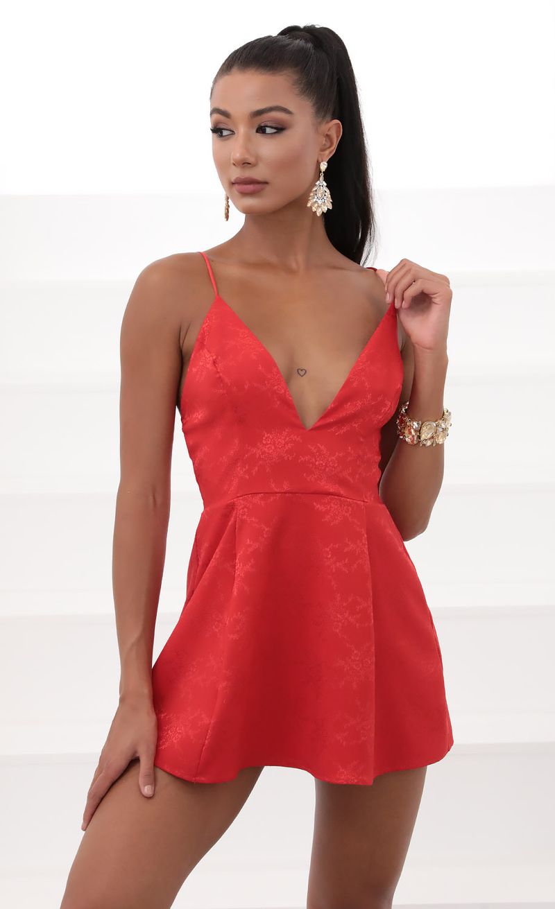 Picture Olivia Floral Jacquard Mini Dress In Red. Source: https://media.lucyinthesky.com/data/May20_2/800xAUTO/781A1993.JPG