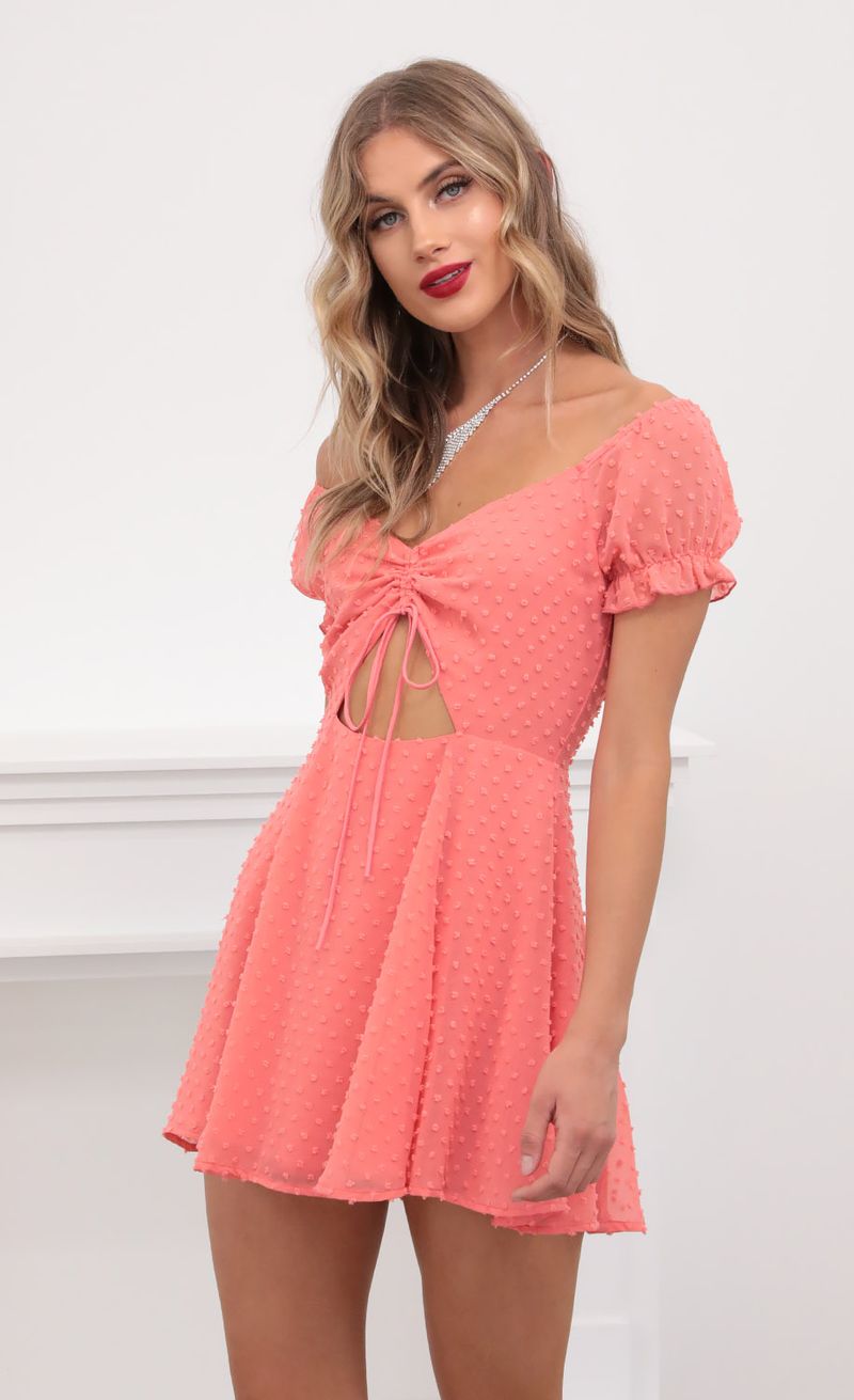 Picture Aida Puff Chiffon Dress in Coral Dots. Source: https://media.lucyinthesky.com/data/May20_2/800xAUTO/781A4329.JPG