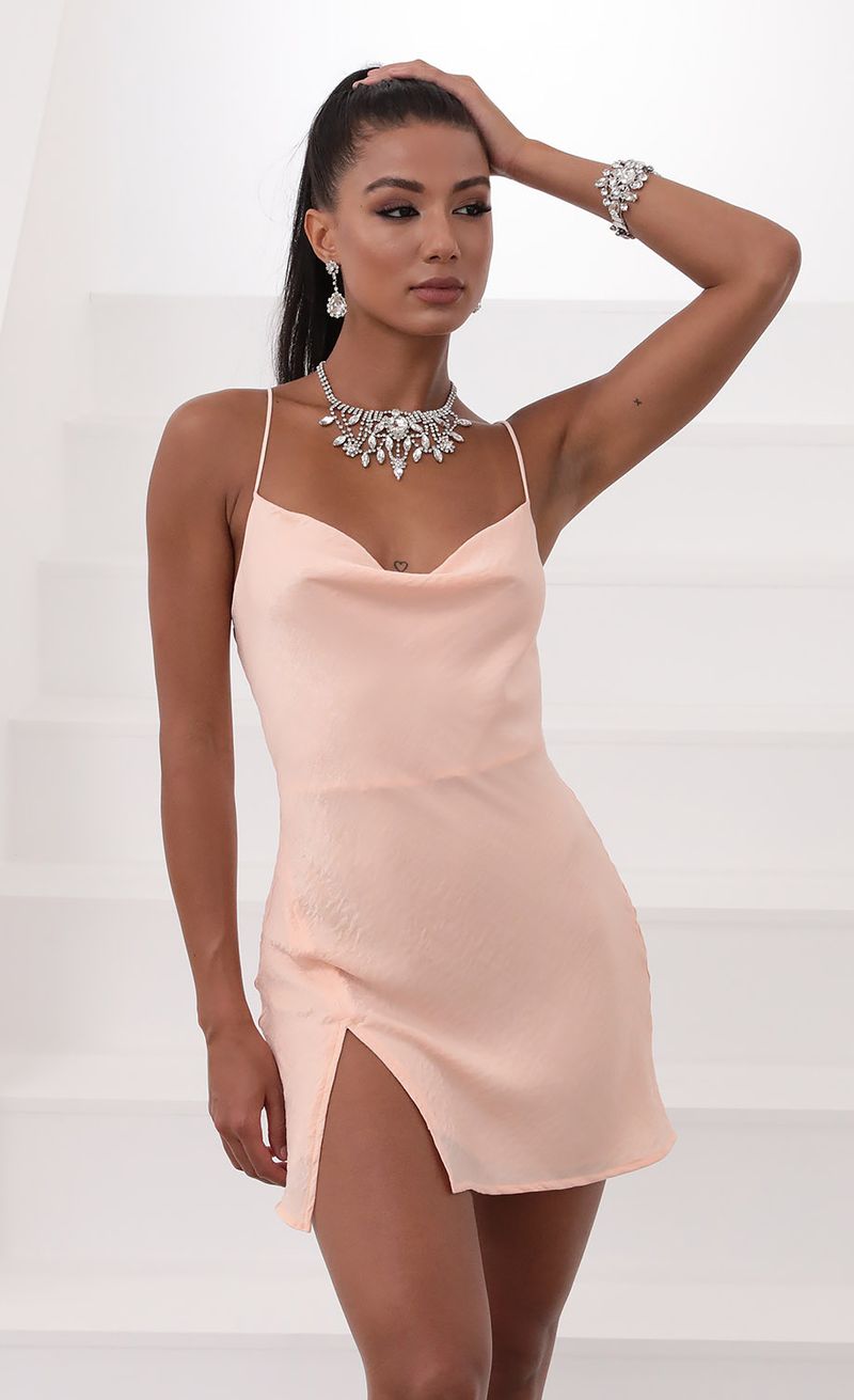Picture Willow Satin Slit Cowl Dress in Light Pink. Source: https://media.lucyinthesky.com/data/May20_2/800xAUTO/781A6914.JPG