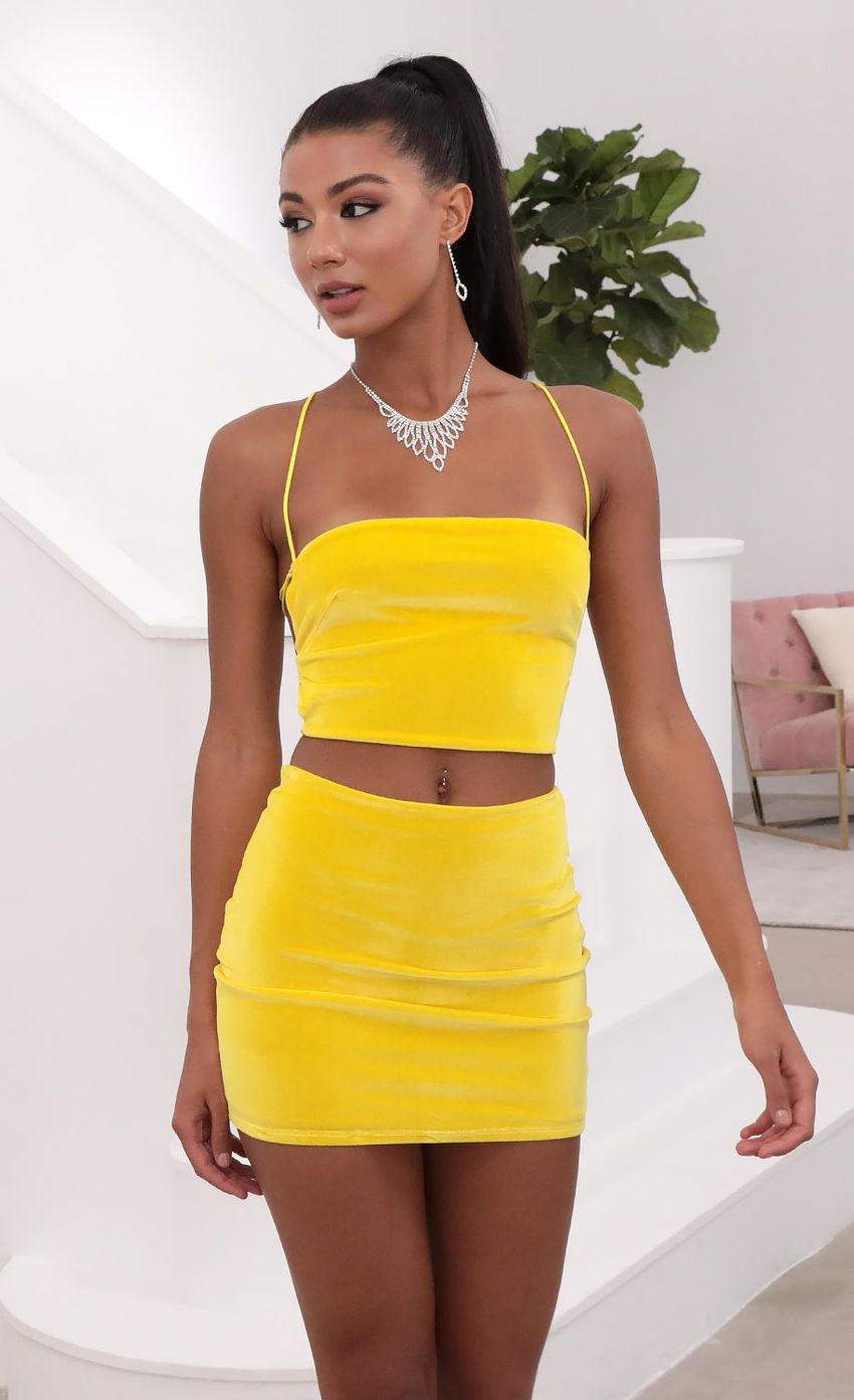 Picture Ava Crushed Velvet Lace-Up Set In Yellow. Source: https://media.lucyinthesky.com/data/May20_2/850xAUTO/781A5663S.JPG