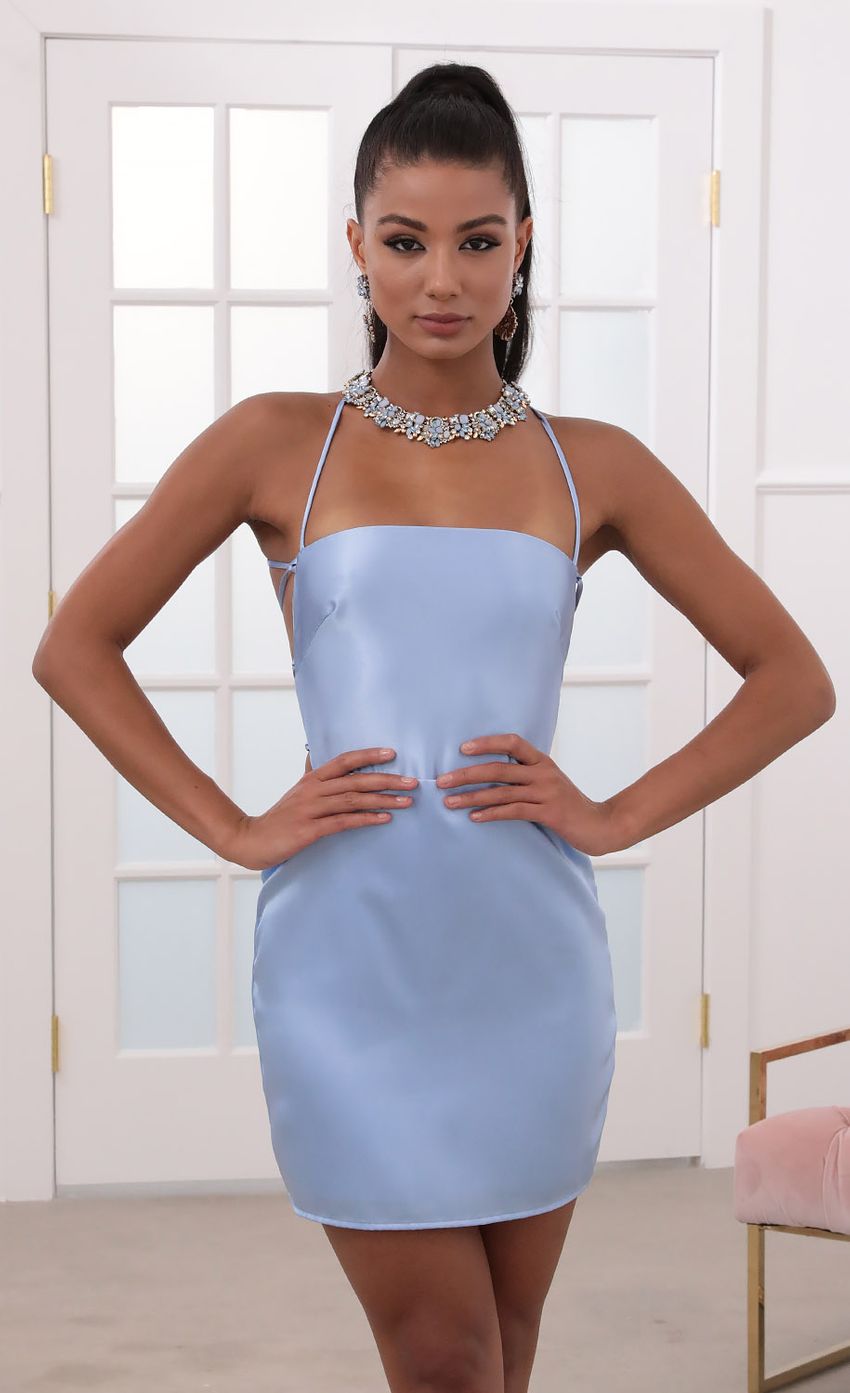Picture Lulu Satin Lace-up Dress in Blue. Source: https://media.lucyinthesky.com/data/May20_2/850xAUTO/781A79231.JPG