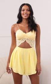 Picture thumb Kelsey Cutout Lace Romper in Yellow. Source: https://media.lucyinthesky.com/data/May21_1/170xAUTO/1V9A37921.JPG