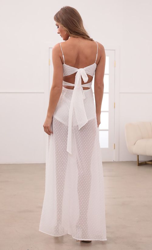 Picture Taylor Front Twist Dotted Chiffon Maxi Dress in White. Source: https://media.lucyinthesky.com/data/May21_1/500xAUTO/1V9A0463.JPG