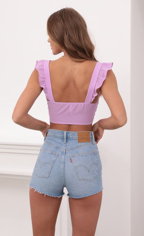 Picture Carolina Ruffle Tie Crop Top in Lavender. Source: https://media.lucyinthesky.com/data/May21_1/500xAUTO/1V9A0525.JPG
