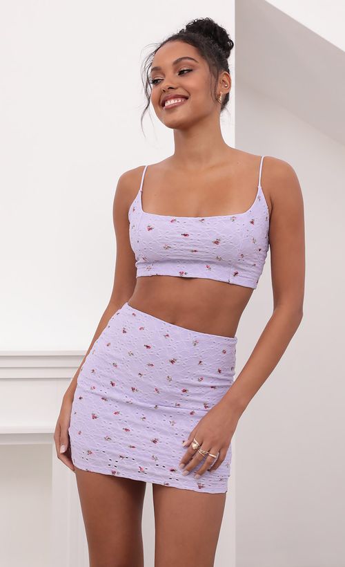 Picture Blaire Back Tie Crop top Set in Lilac Floral Eyelet. Source: https://media.lucyinthesky.com/data/May21_1/500xAUTO/1V9A0969.JPG