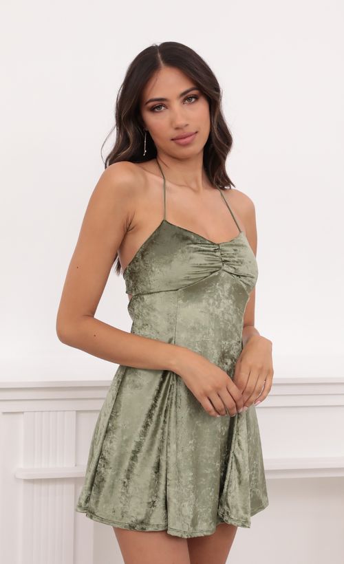Picture Pierra Velvet A-line Dress in Olive Green. Source: https://media.lucyinthesky.com/data/May21_1/500xAUTO/1V9A1016.JPG