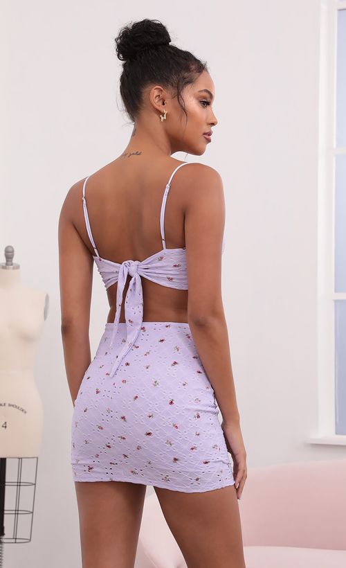 Picture Blaire Back Tie Crop top Set in Lilac Floral Eyelet. Source: https://media.lucyinthesky.com/data/May21_1/500xAUTO/1V9A1030.JPG