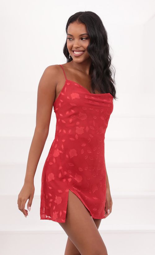 Picture Willow Slit Cowl Dress in Floral Red. Source: https://media.lucyinthesky.com/data/May21_1/500xAUTO/1V9A1843.JPG