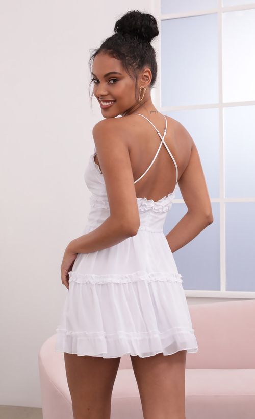 Picture Michaela Ruched Ruffle Dress in White. Source: https://media.lucyinthesky.com/data/May21_1/500xAUTO/1V9A1924.JPG