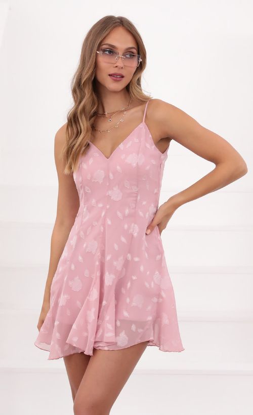 Picture Gabrielle A-Line Flared Floral Dress in Pink. Source: https://media.lucyinthesky.com/data/May21_1/500xAUTO/1V9A2535.JPG