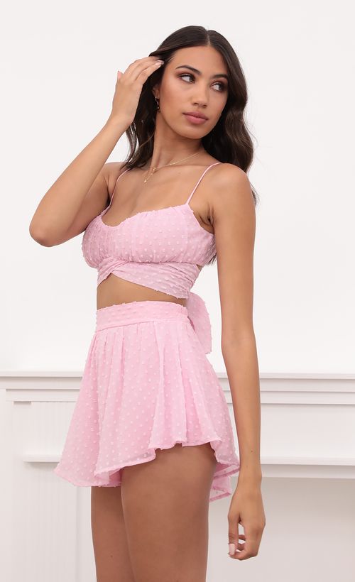 Picture Faith Ruched Set in Pink Dotted Chiffon. Source: https://media.lucyinthesky.com/data/May21_1/500xAUTO/1V9A2769.JPG