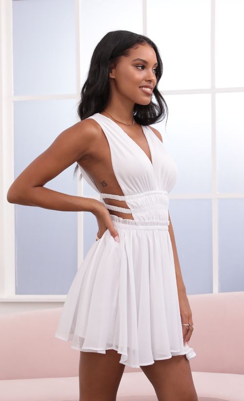 Picture Babette Plunge A-Line Dress in White. Source: https://media.lucyinthesky.com/data/May21_1/500xAUTO/1V9A3529.JPG