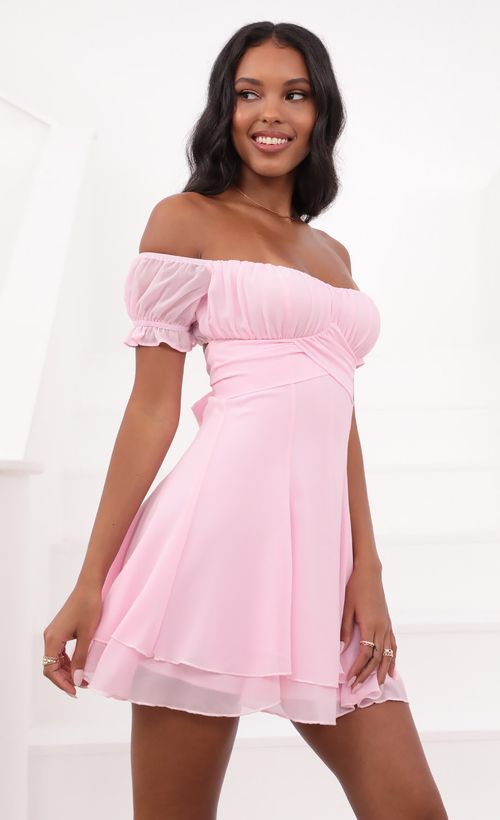 Picture Estrella Dress in Chiffon Pink. Source: https://media.lucyinthesky.com/data/May21_1/500xAUTO/1V9A4086.JPG