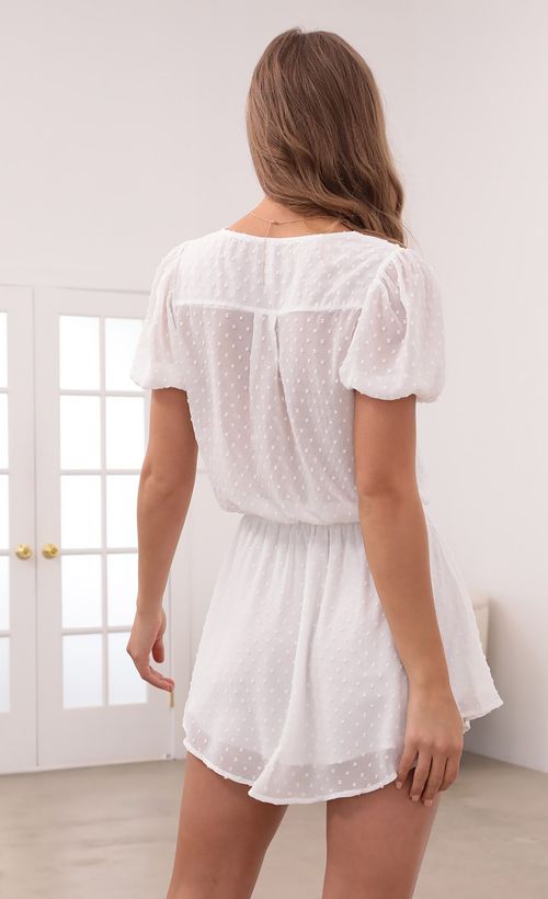 Picture Izzy Button Down Dress in White Dotted Chiffon. Source: https://media.lucyinthesky.com/data/May21_1/500xAUTO/1V9A4315.JPG