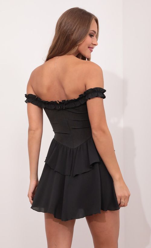 Picture Darlene Off The Shoulder Lace Up Dress in Black. Source: https://media.lucyinthesky.com/data/May21_1/500xAUTO/1V9A4550.JPG
