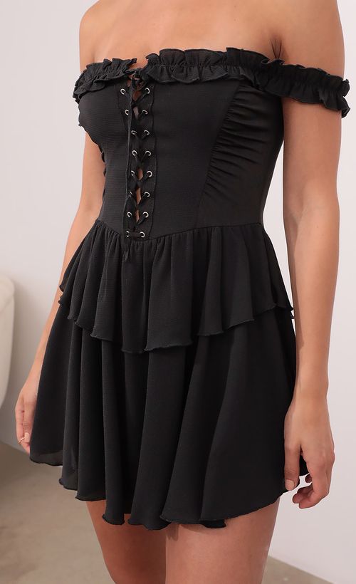 Picture Darlene Off The Shoulder Lace Up Dress in Black. Source: https://media.lucyinthesky.com/data/May21_1/500xAUTO/1V9A4584.JPG
