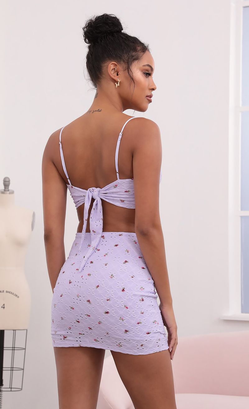 Picture Blaire Back Tie Crop top Set in Lilac Floral Eyelet. Source: https://media.lucyinthesky.com/data/May21_1/800xAUTO/1V9A1030.JPG