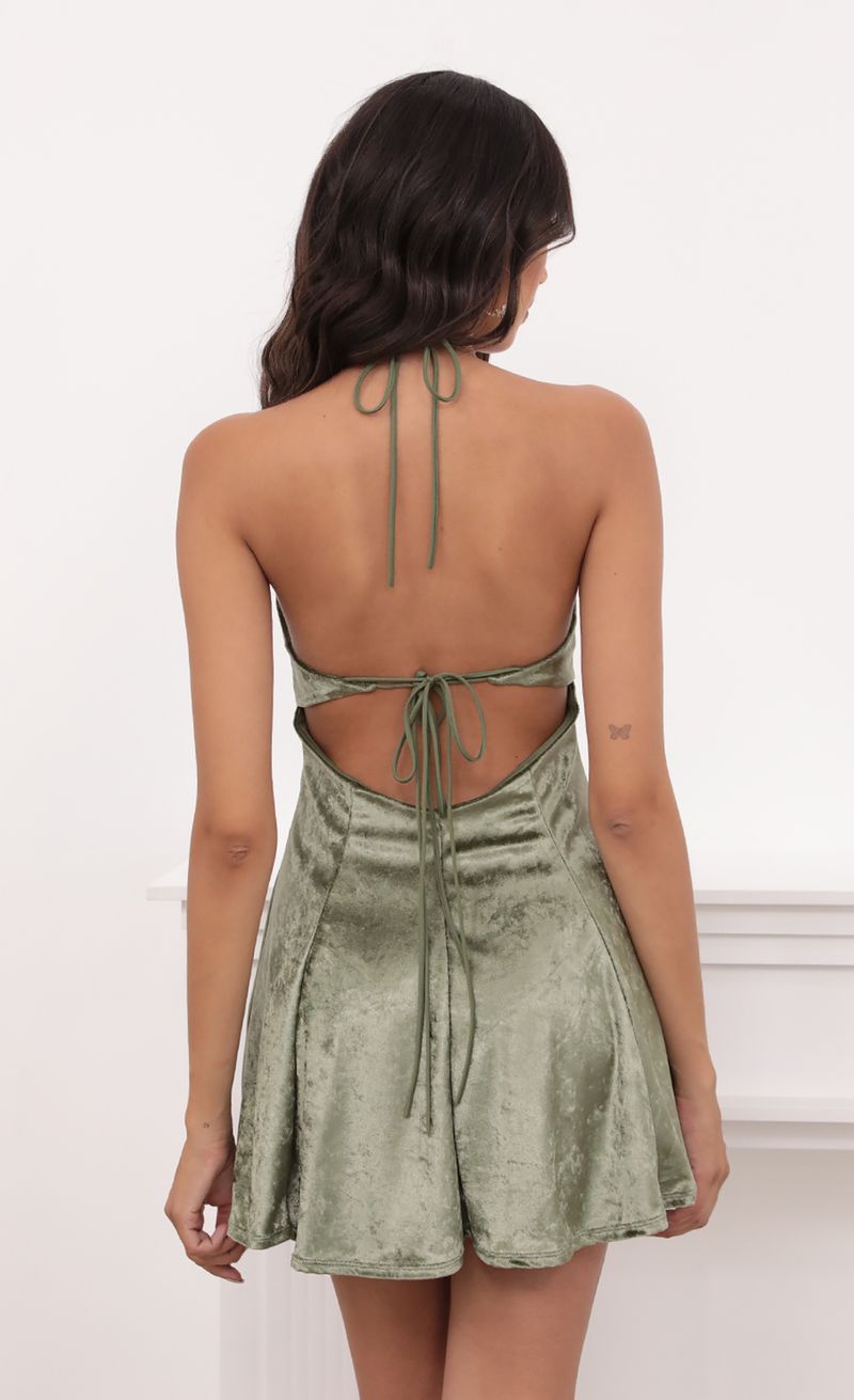 Picture Pierra Velvet A-line Dress in Olive Green. Source: https://media.lucyinthesky.com/data/May21_1/800xAUTO/1V9A1090.JPG